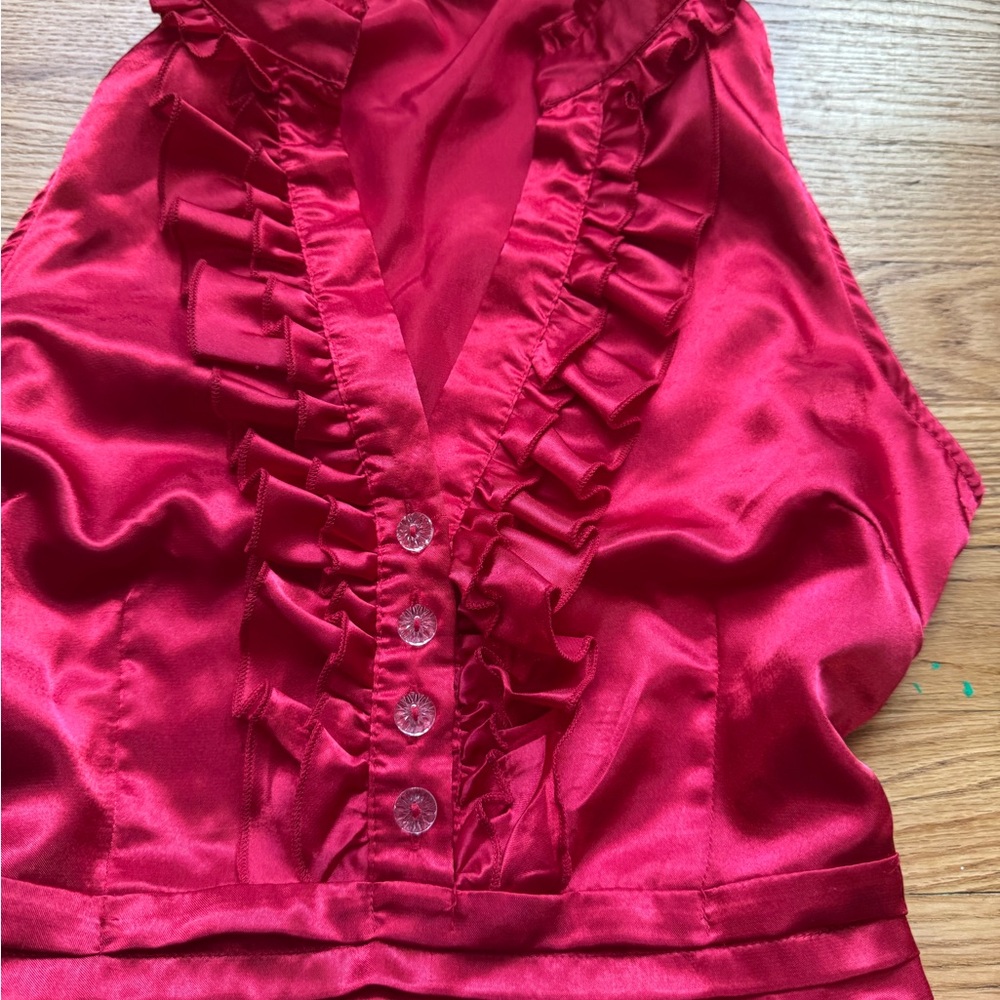 Satin Red Ruffled Blouse - Picture 2 of 3